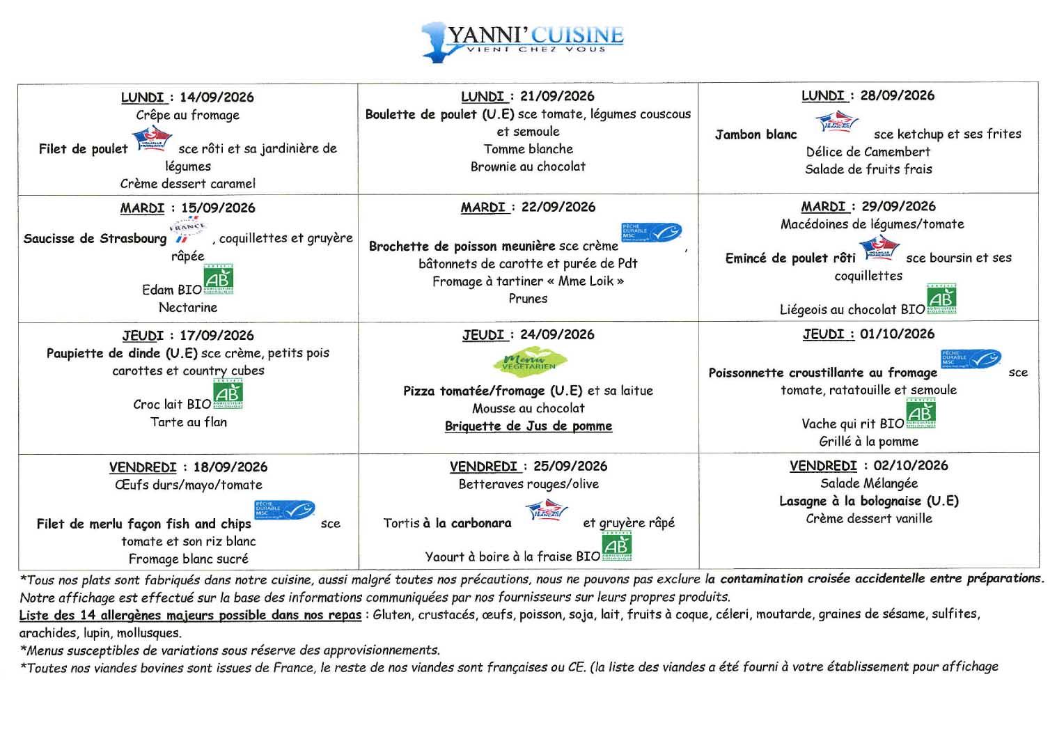Menu scolaire du 14 septembre au 2 octobre