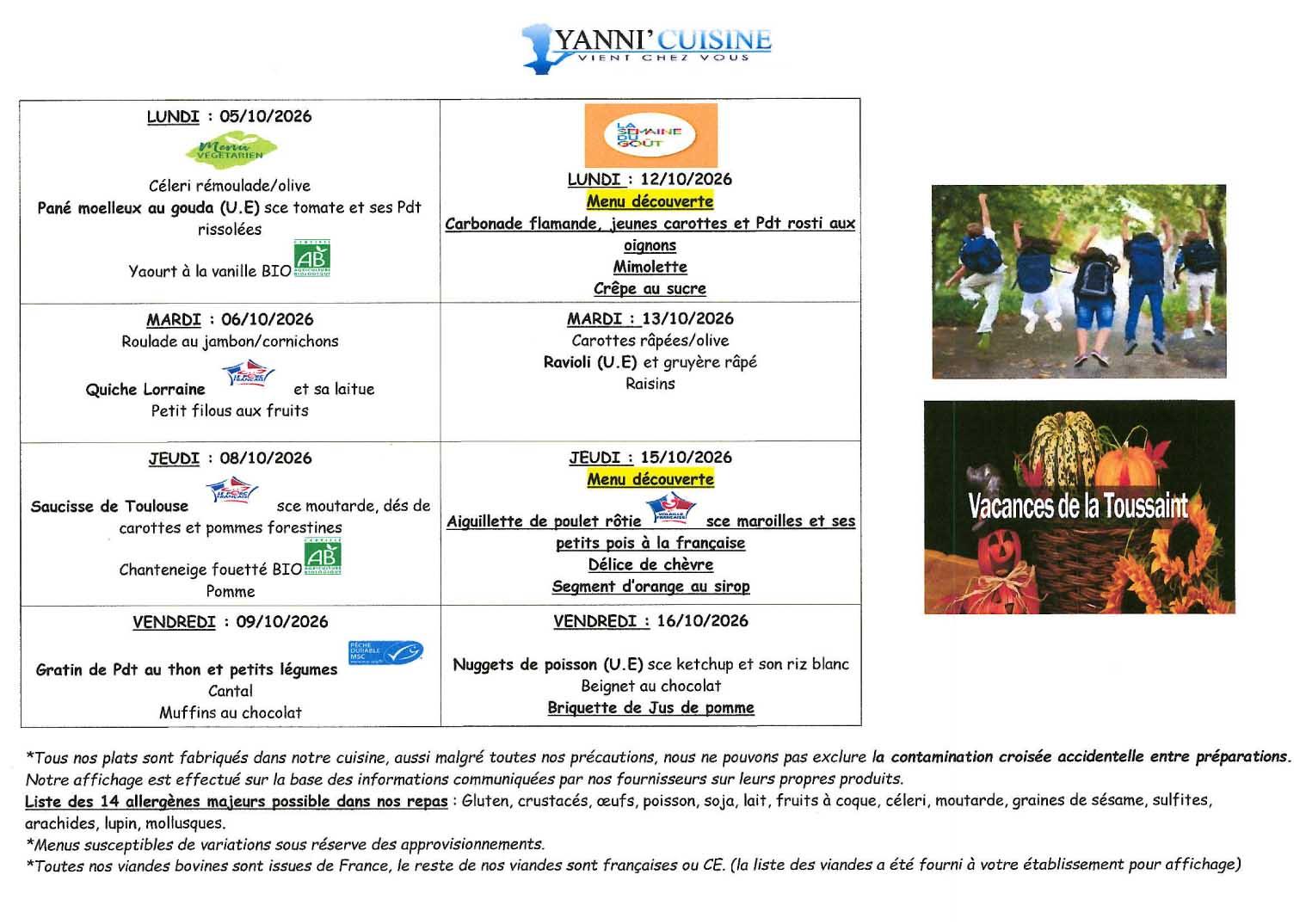 Menu scolaire du 5 au 16 octobre