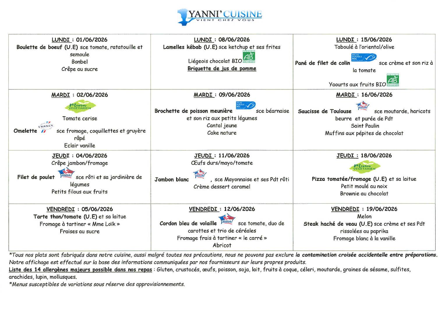 Menus du 1 au 19 juin