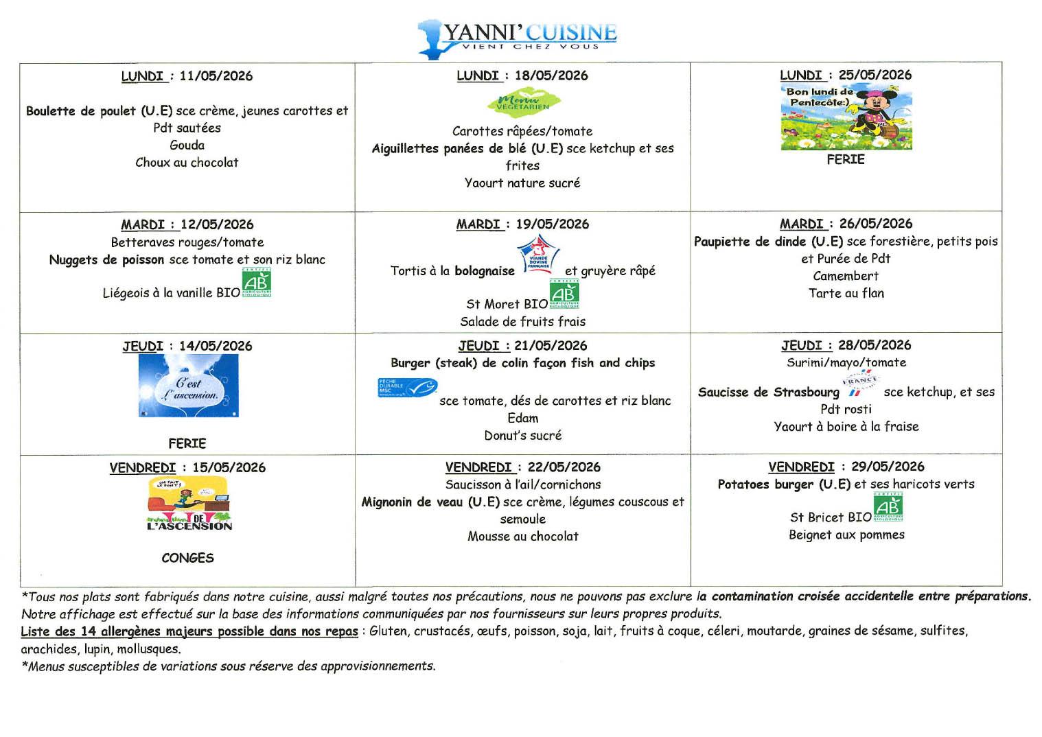 Menus du 11 au 29 mai