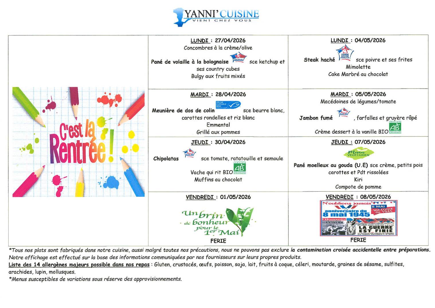 Menus du 27 avril au 7 mai