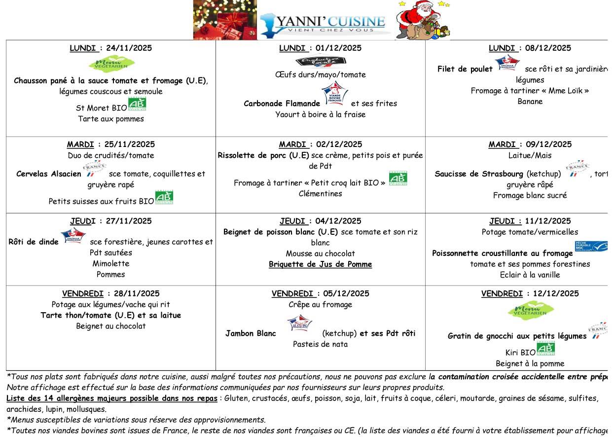 Menus scolaires du 24 novembre au 12 decembre 2025