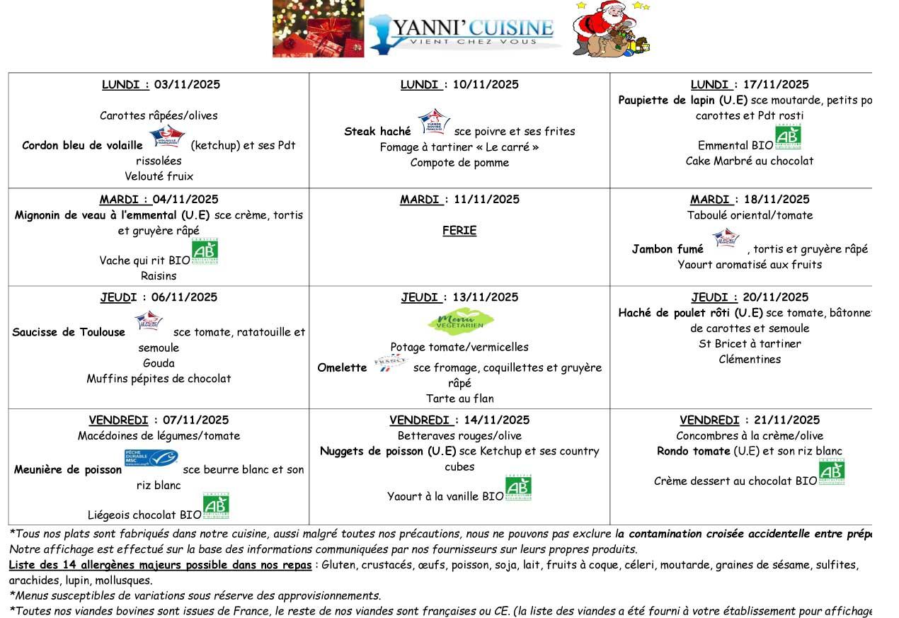 Menus scolaires du 3 au 21 novembre 2025